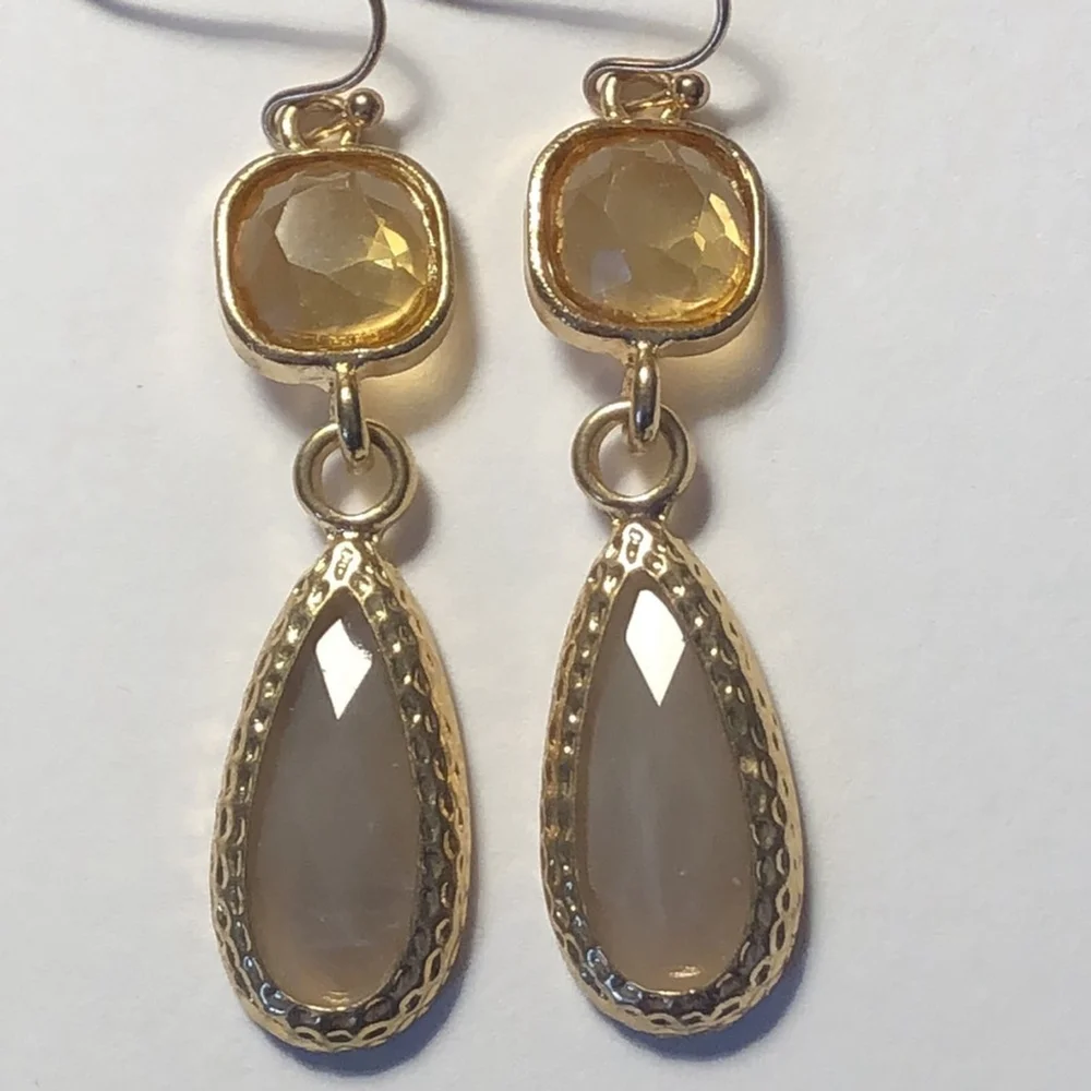 Gold Tone Yellow Rhinestone Neutral Boho Dangling Earrings